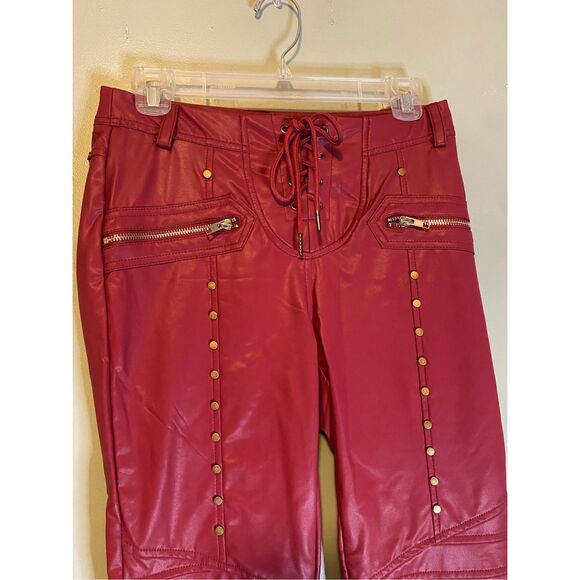 Boutique Red Maroon Studed Tie Closure Zip PocketsPunk Rock Skinny Pants XL - Picture 3 of 6